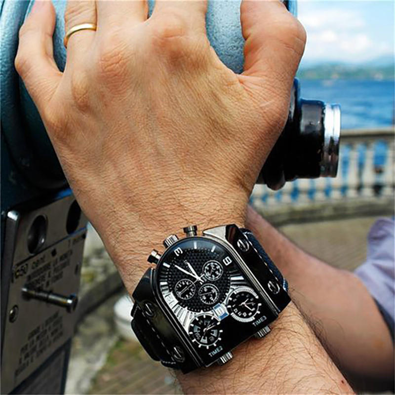 OULM Casual Men’s Multiple Time Zone Military Quartz Wrist Watches Leather Strap