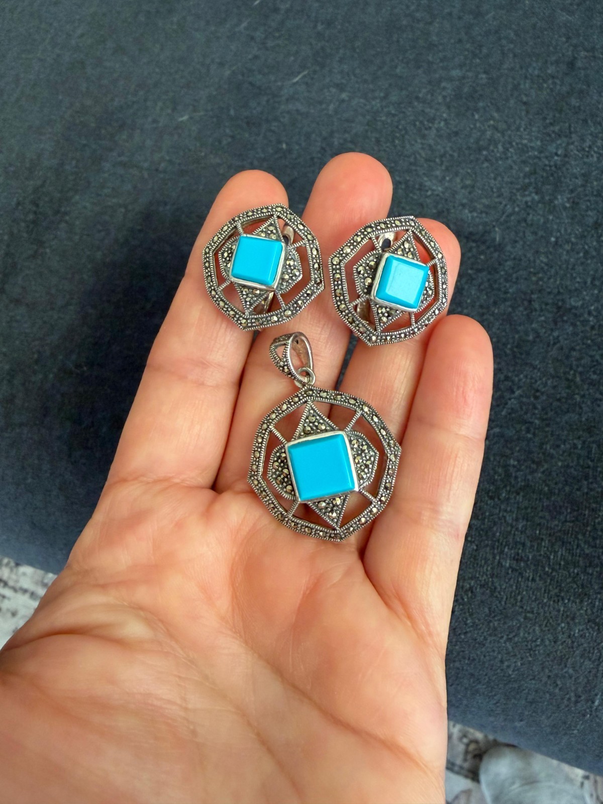 925 Starling Silver Marcasite Turquoise Earrings and Pendant Jewelery Set