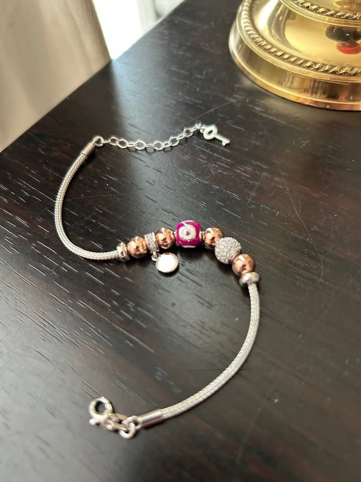 Women’s Charm Bracelet (Silver) with Evil Eye & Pave Beads