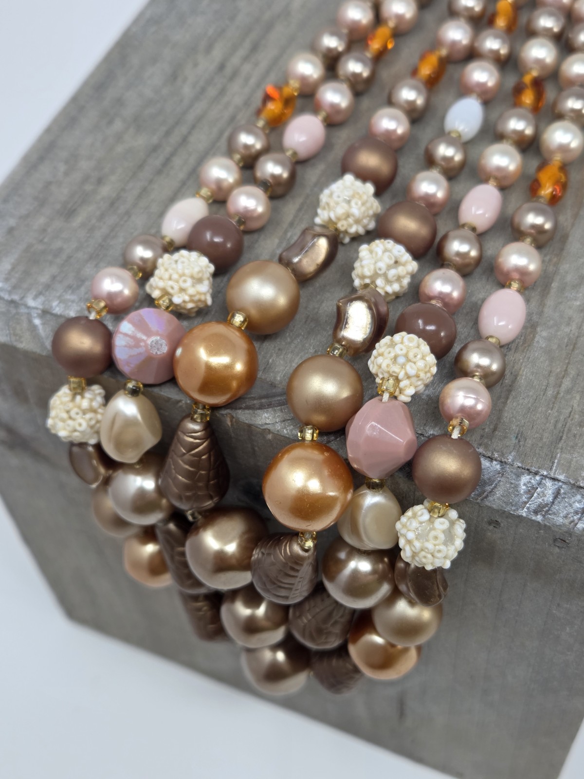 Vintage Triple Strand Taupe Neutrals Faux Pearl Glass Necklace 16-18″ Japan