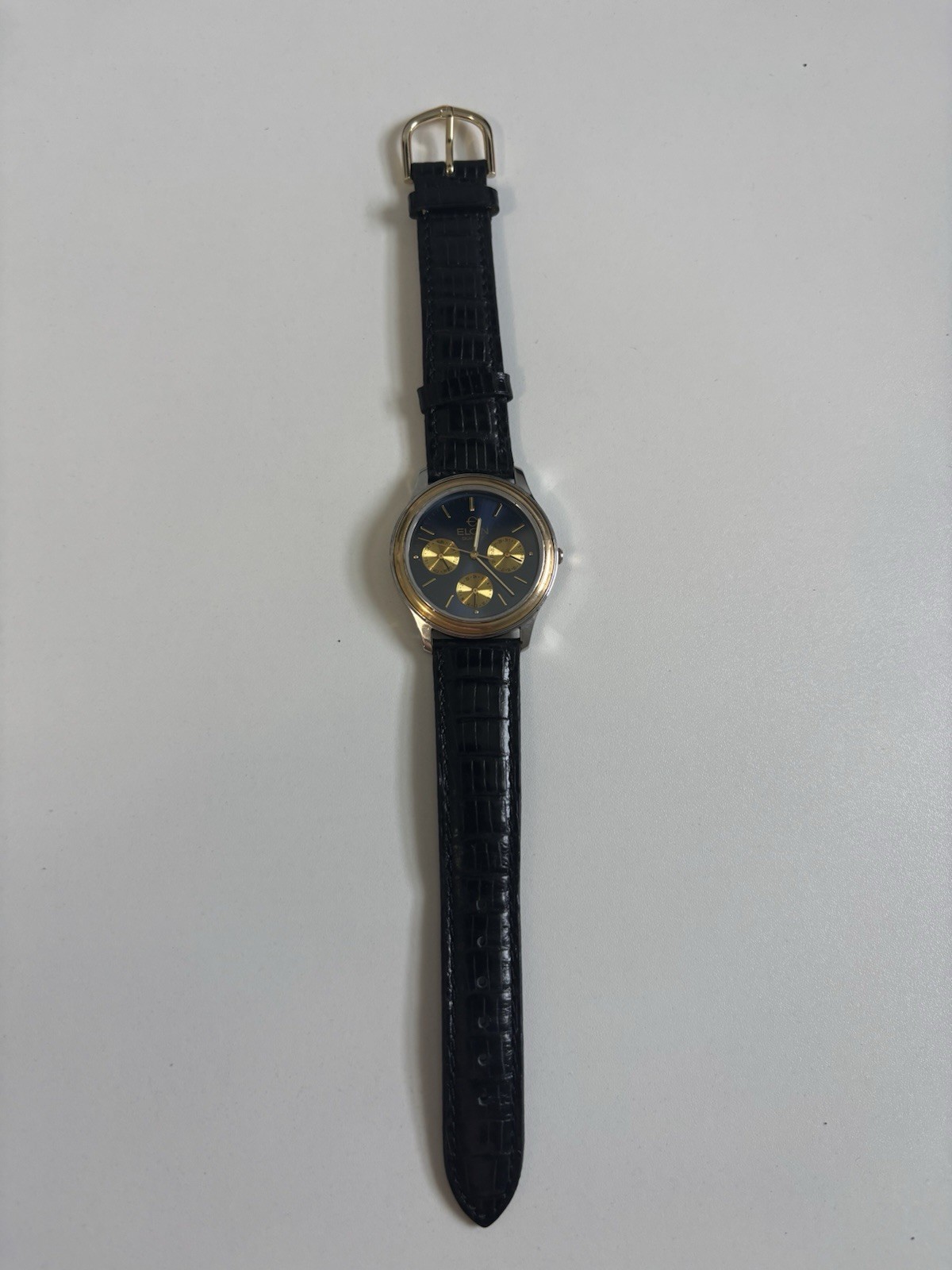 Vintage Elgin Quartz Watch Blue/Gold Dial Silver & Gold Case Black Leather Band