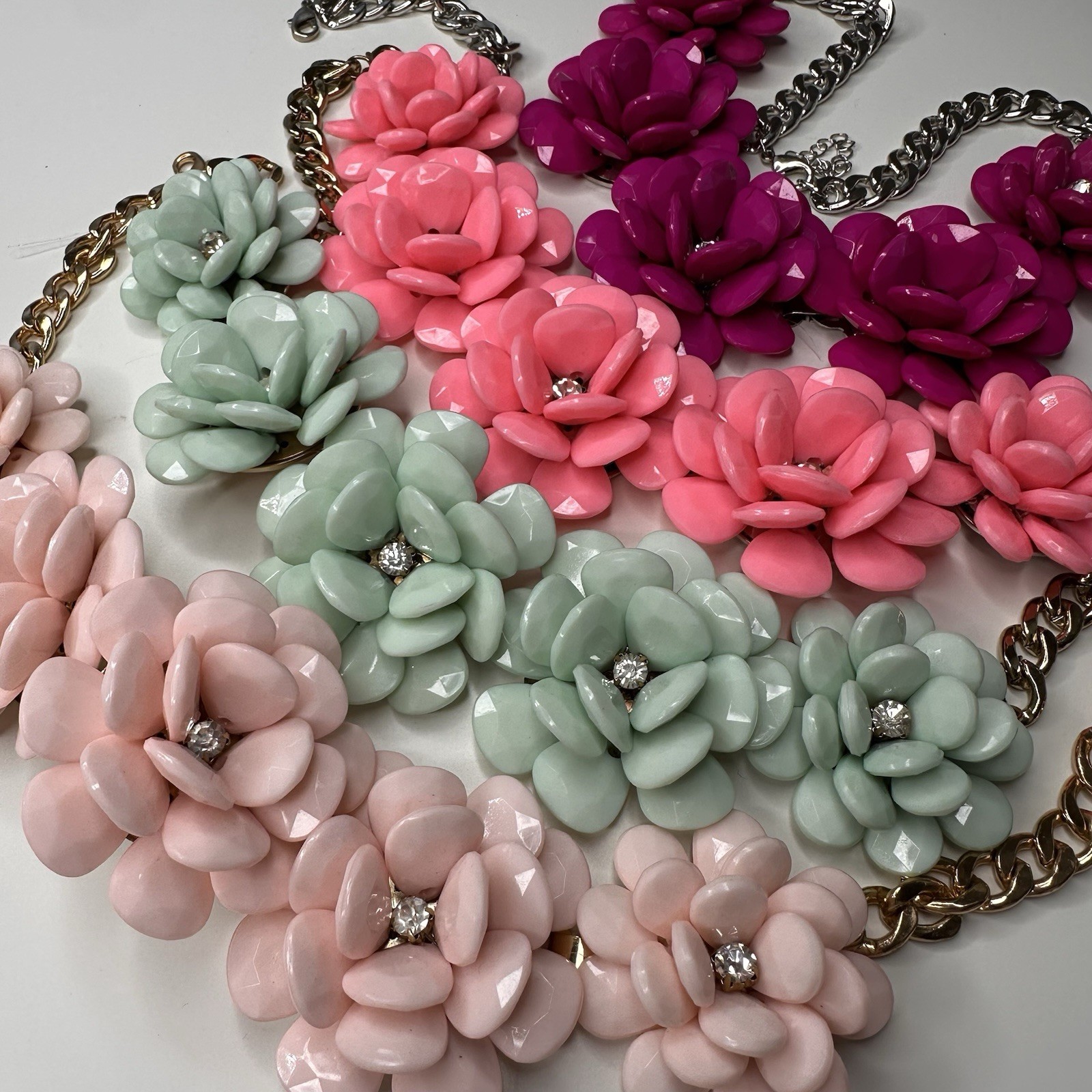 Multicolor Resin Flower Statement 4 Necklaces w/ Clear Rhinestones, Curb Link