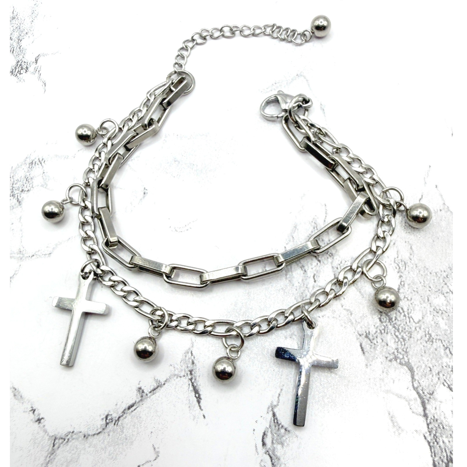 New Stainless Steel Cross Charm Layered Bracelet Silver Multi Strand 6.5–8.5″
