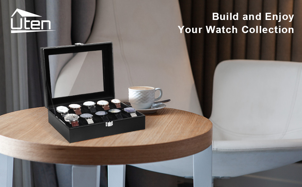 10 Slots Watch Box PU Leather Watch Case Storage Glass Lid Jewelry Display Case