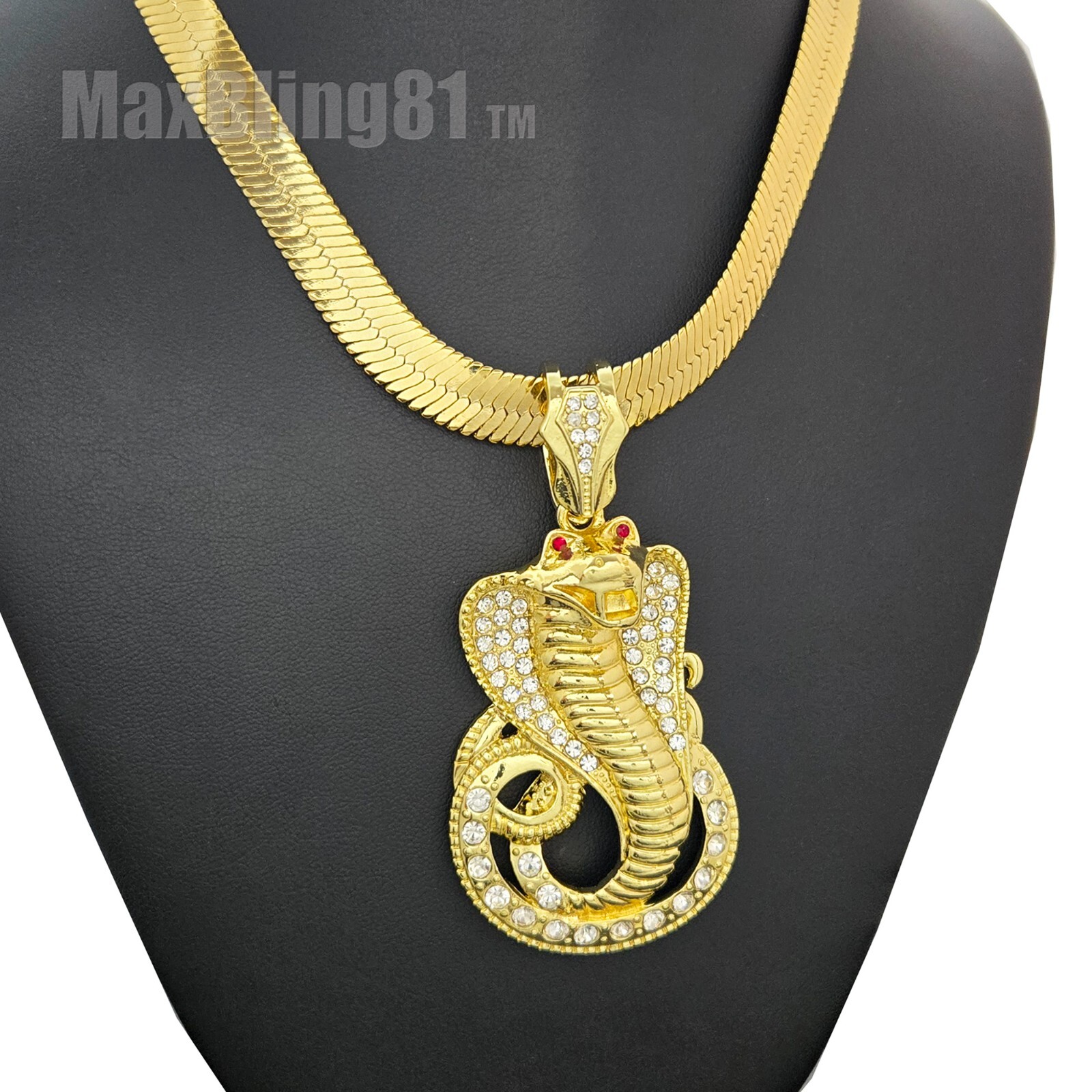 Hip Hop Iced Cobra Snake CZ Large Pendant & 10mm 20″ Herringbone Chain Necklace