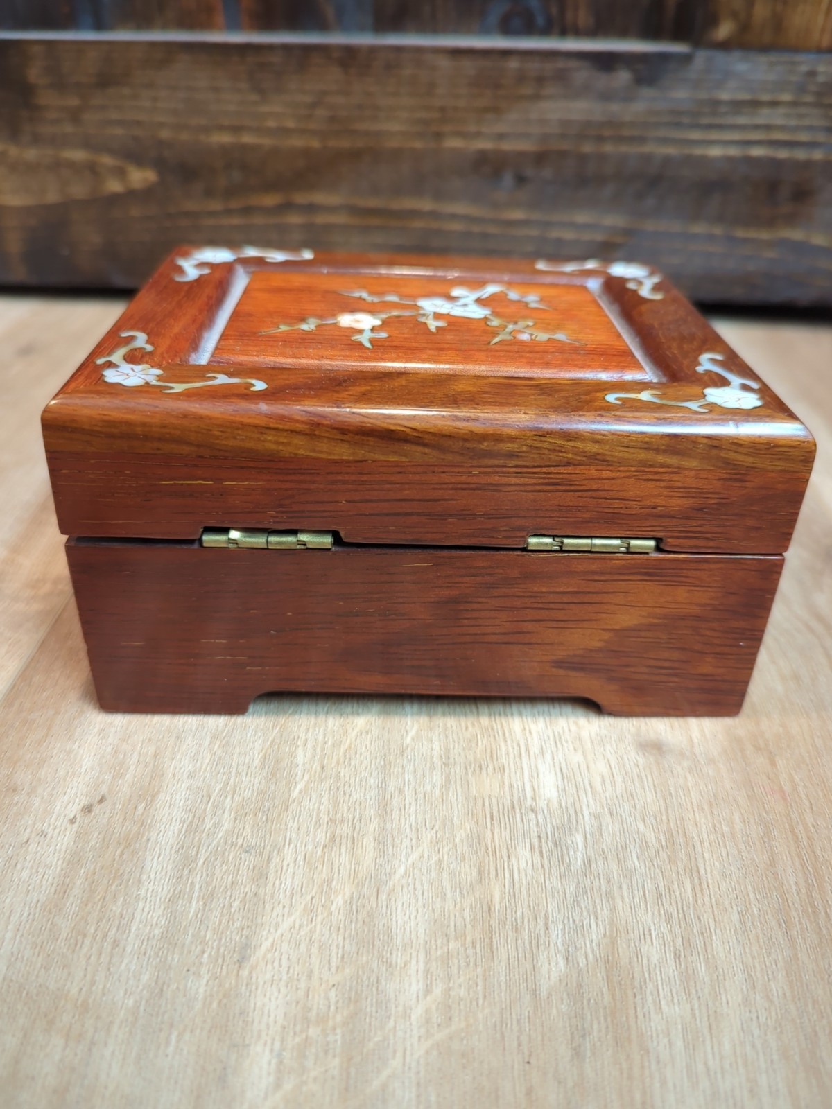 Vintage Lacquered Asian Wood Jewelry Box Mother Of Pearl Inlay