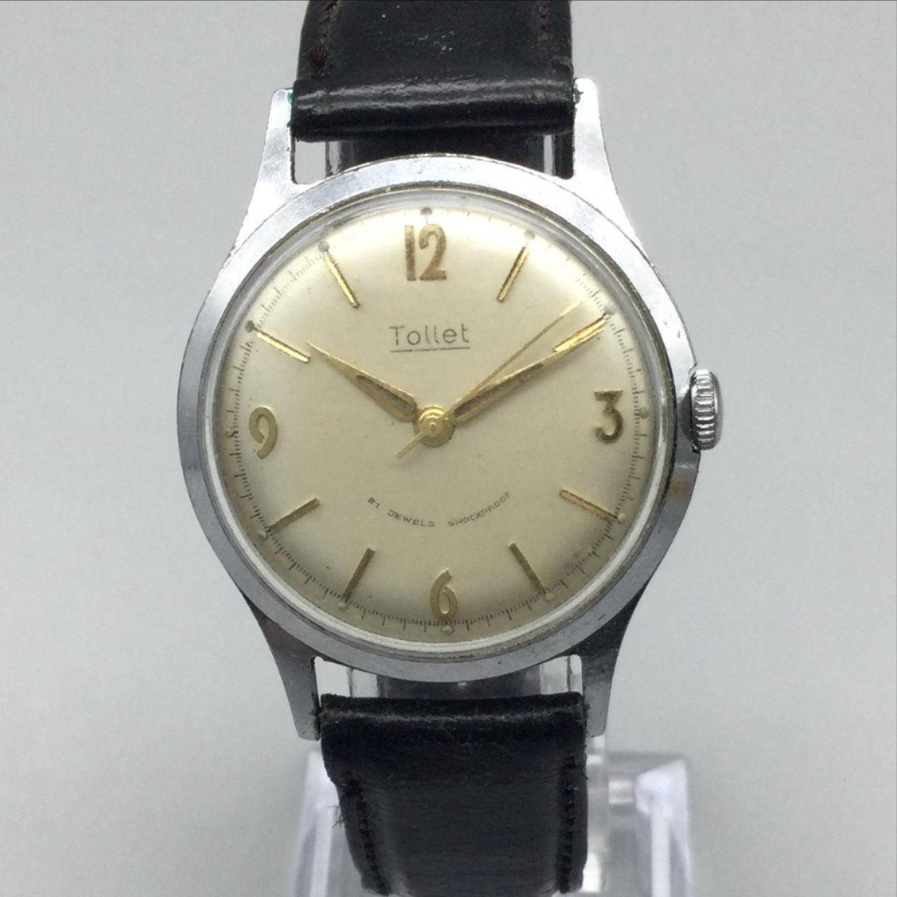 Vintage Tollet Mens Watch 32mm Cream Dial Silver Tone Black Leather Manual Wind