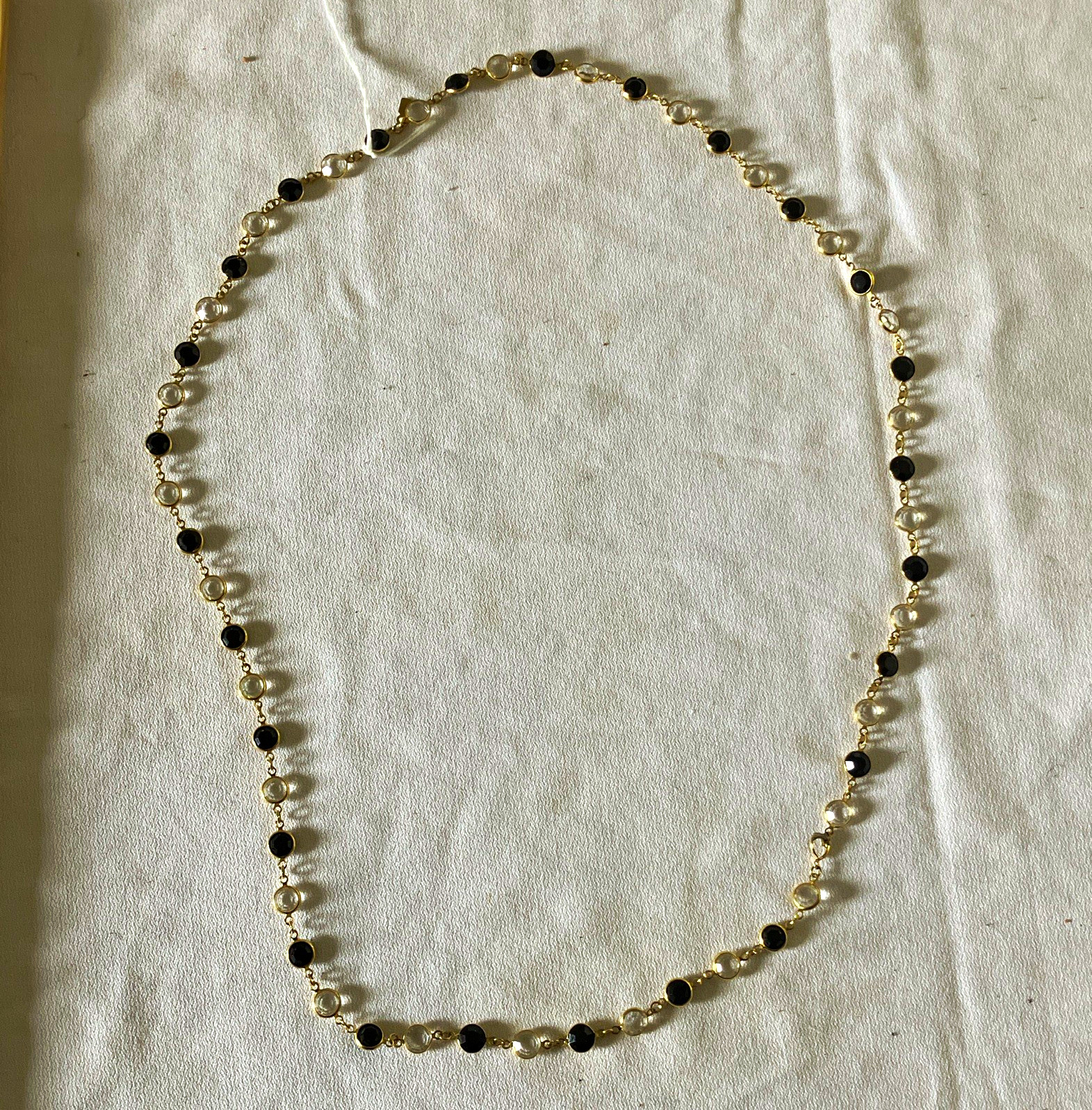 Gold Tone Cable Chain Necklace Bezel-Set Clear Crystal & Black Onyx 18in