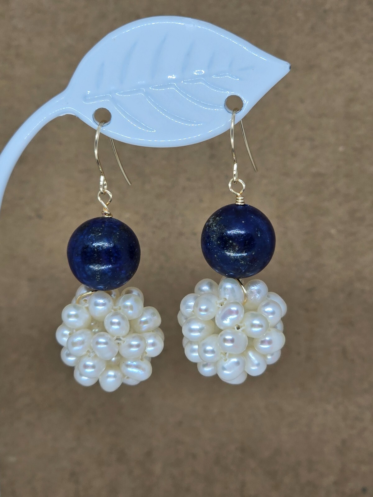 Lapis Lazuli and White Pearl Dangle Earrings 14k Yellow Gold or Sterling Silver
