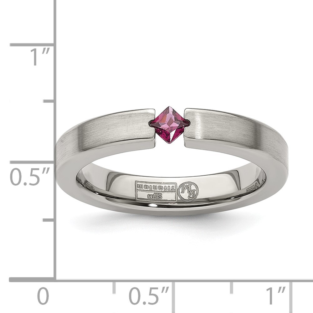 Titanium Tension-set Square Rhodolite Garnet Brushed 4mm Band Ring Size 7