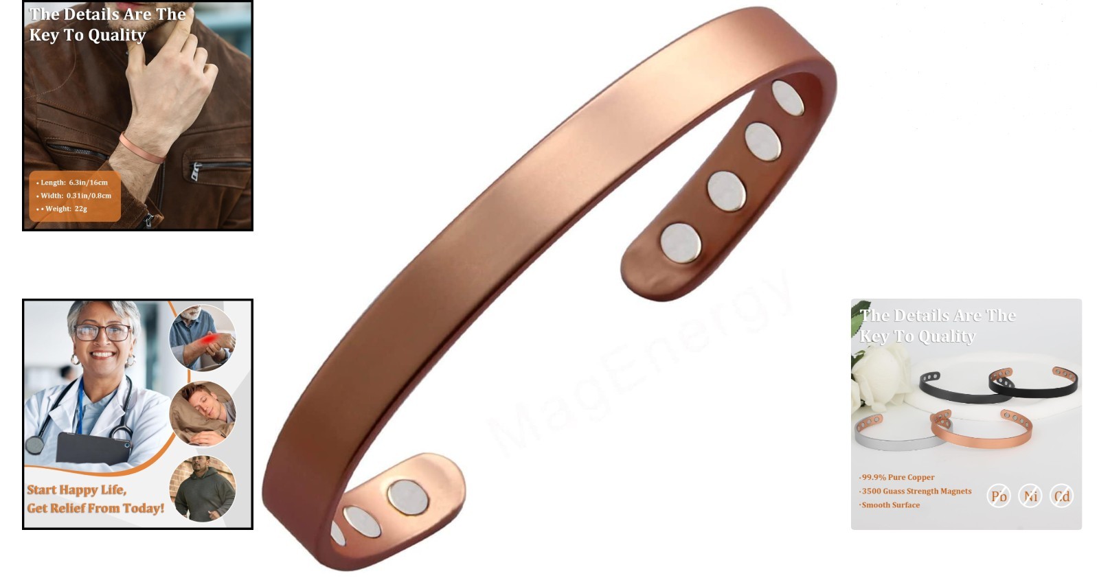 Adjustable 99.9% Pure Copper Magnetic Bracelet for Enhanced Wellbeing – 6.3inch
