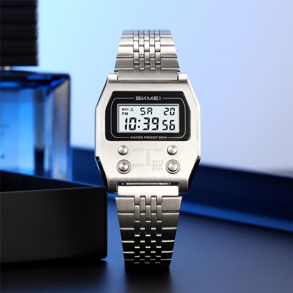 SKMEI Men Rectangle Watch Male Steel Wristwatch Boys Digital LED Display Watches