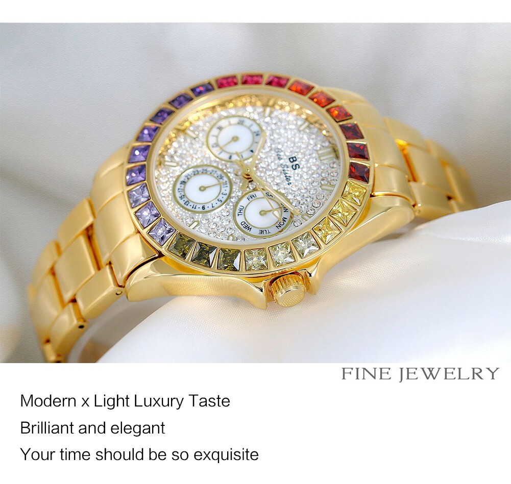 Rainbow Crystal Bezel Women Watch Gold Tone Colored Gems Women’s Wrist Watch