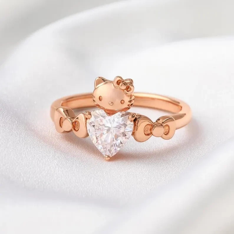 Cute Kitty Cat Heart Lab Created Diamod Ring 14k Rose Gold Plated Bow Band
