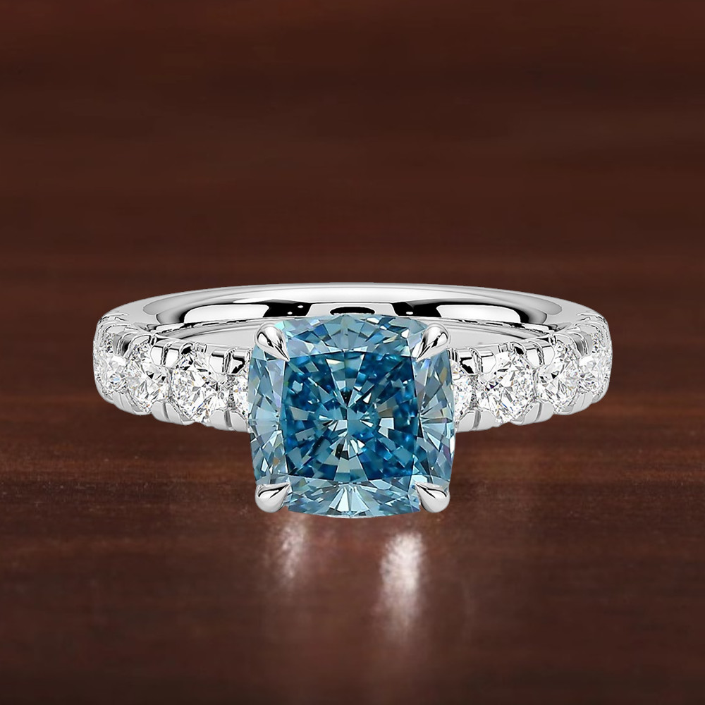 Cushion Cut 2.65 Ct Fancy Intense Blue Diamond Ring IGI Lab Grown 950 Platinum