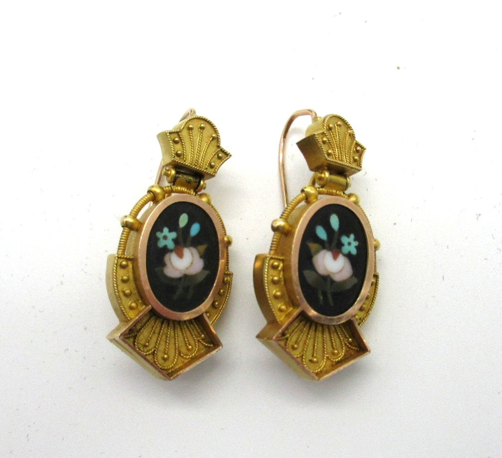 Antique Italian Gold Pietra Dura Floral Mosaic Victorian Pierced Earrings