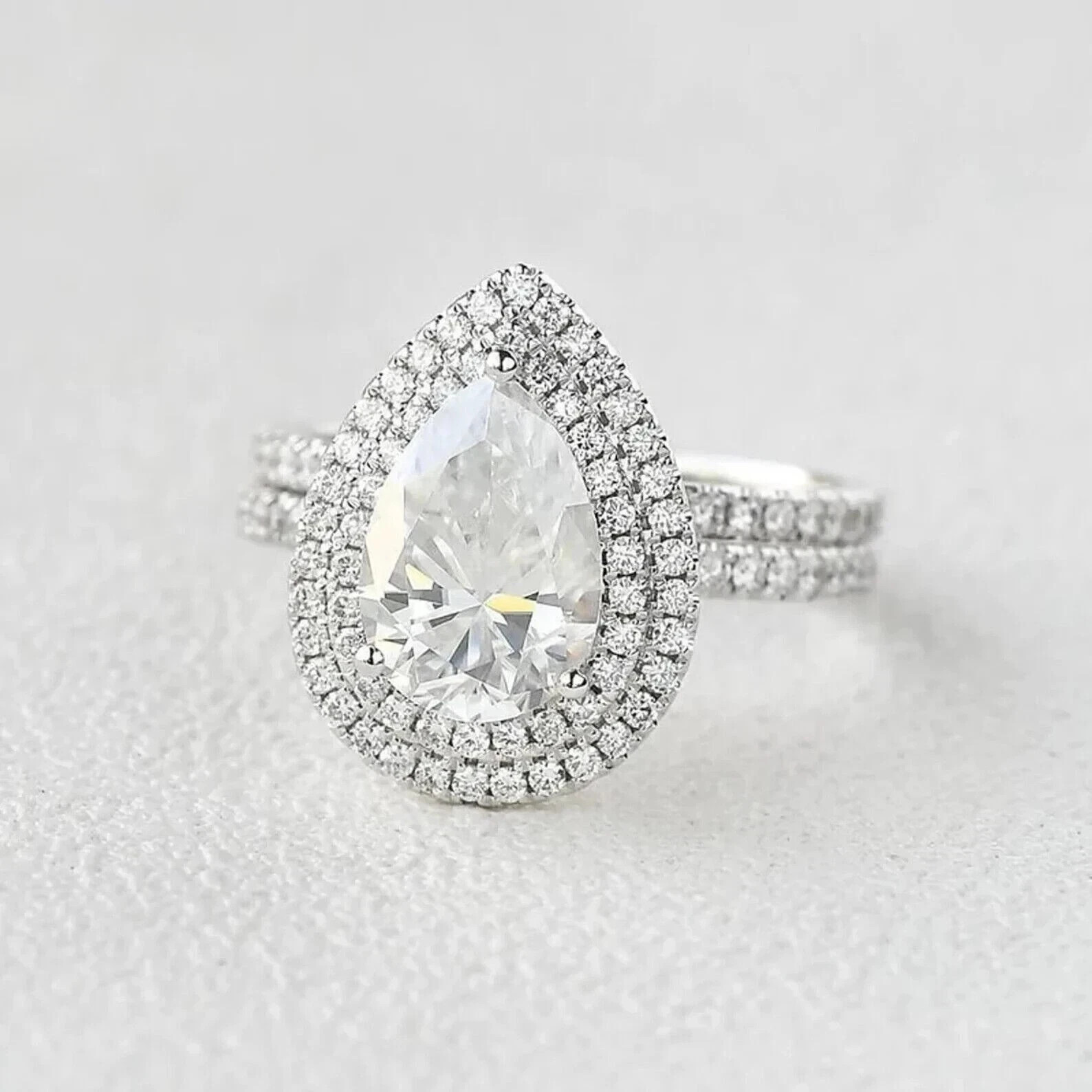 2.30Ct Lab Created Diamond Pear Double Halo Wedding Ring 14K White Gold Plated