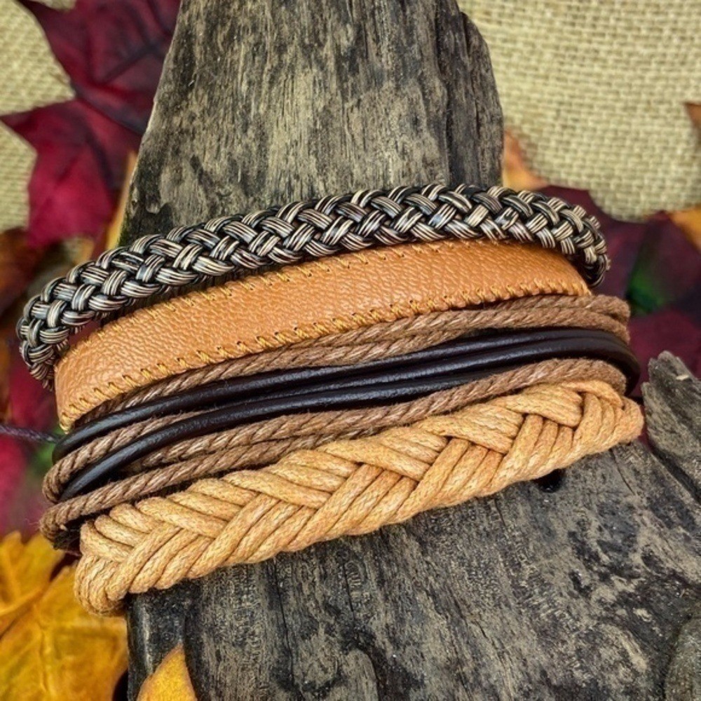 Mens Bracelets Bundle Adjustable Faux Leather & Hemp Bracelets Bundle
