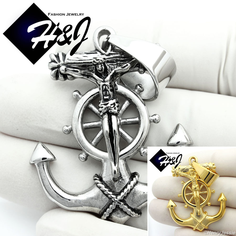 MEN’s Stainless Steel Gold/Silver/Black Plated Anchor JESUS Cross Pendant*P58