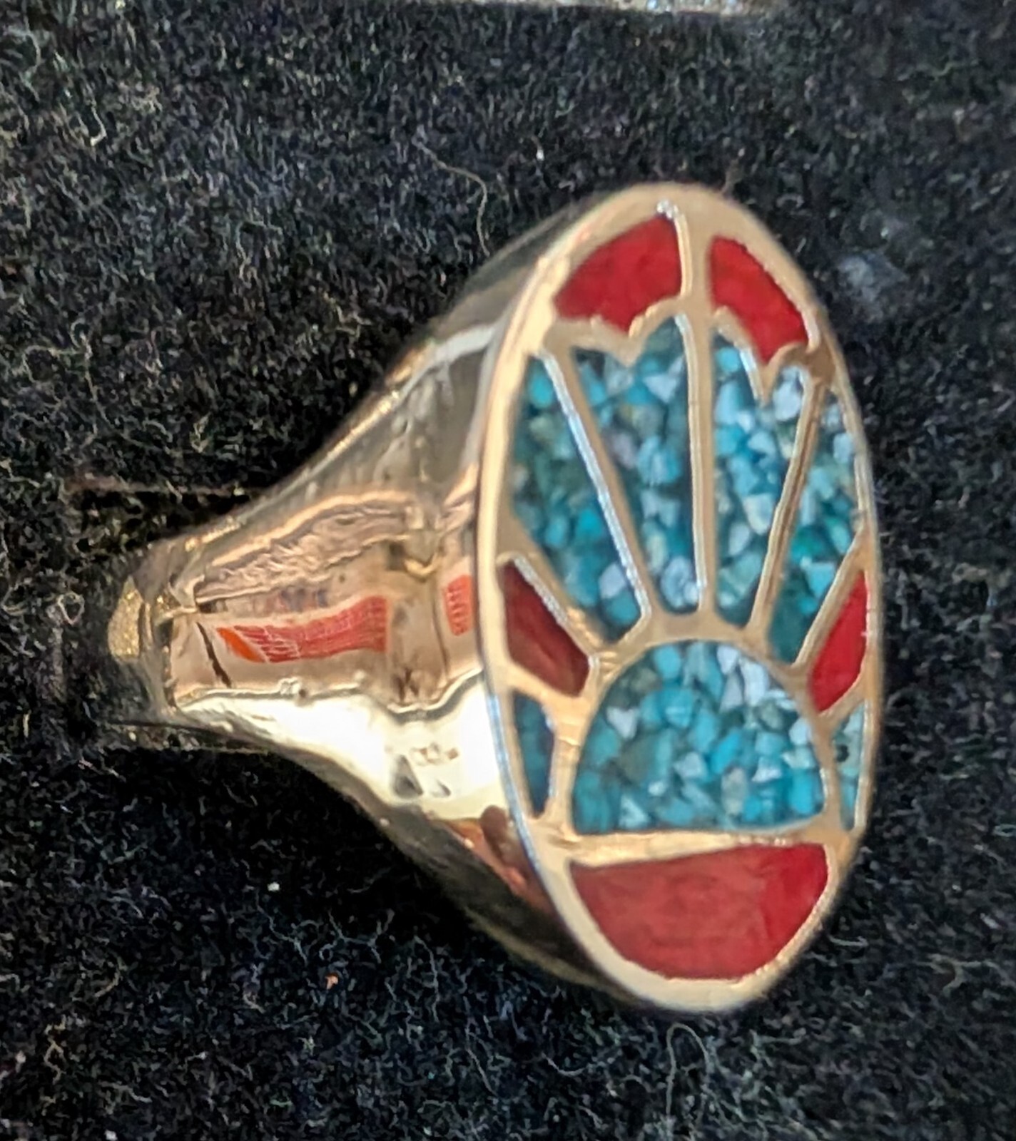 Vintage Turq. & Coral Sunrise Nickle Silver Men’s Rings Size 10 Resin Filled