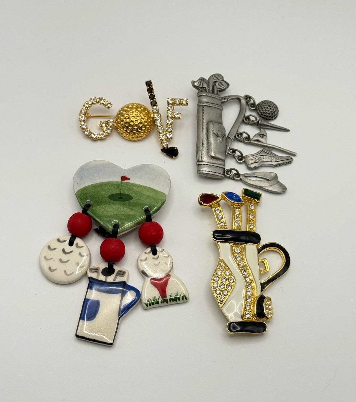 Vtg Golf Brooch Pin Lot of 4 – Golfer Country Club Dangle Charms – One Signed JJ