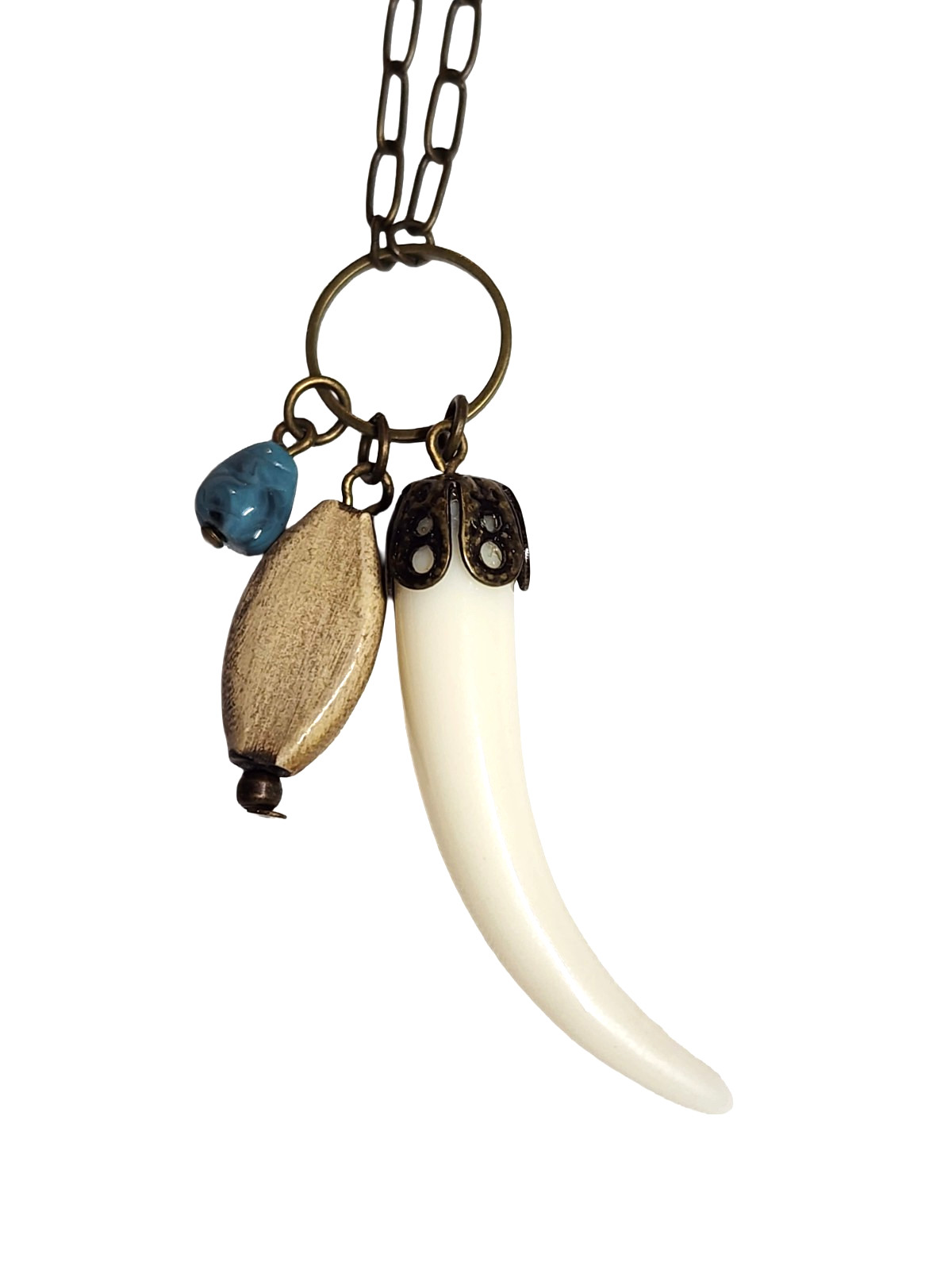Faux Turquoise Horn Charm Wood, Plastic Pendant Necklace 16″ Choker Southwestern