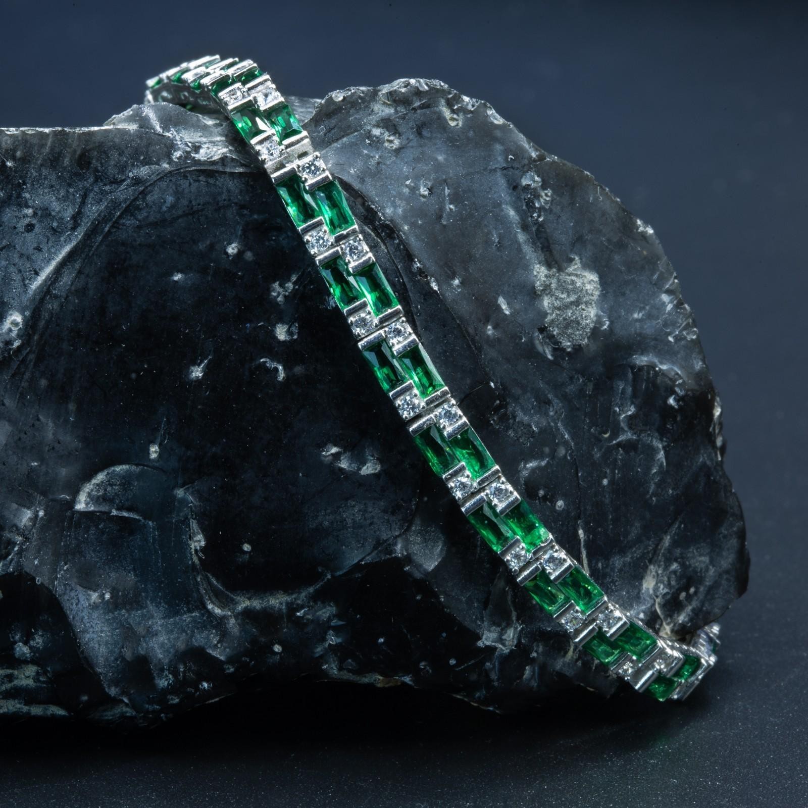 Green Zircon Gemstone Handmade 925k Silver Chain Tennis Bracelet for Men