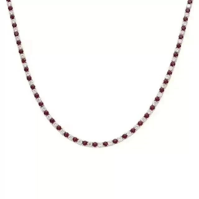 14k White Gold Plated 15TCW Round Cut Lab Created Ruby & Diamond Tennis Necklace