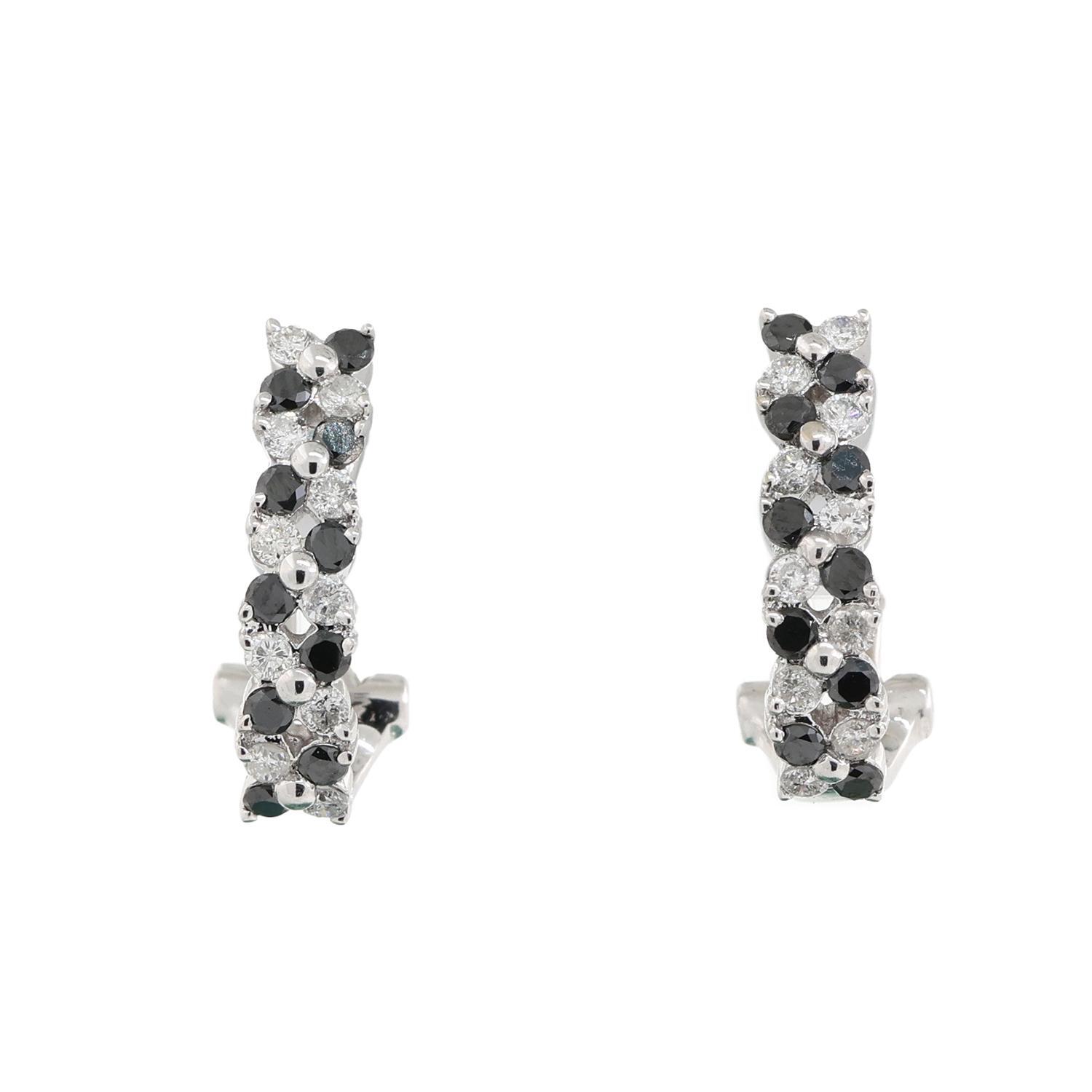 Black And White Diamond J Hoop Earrings 14K White Gold 1.00 TW Omega Backs 0.50″