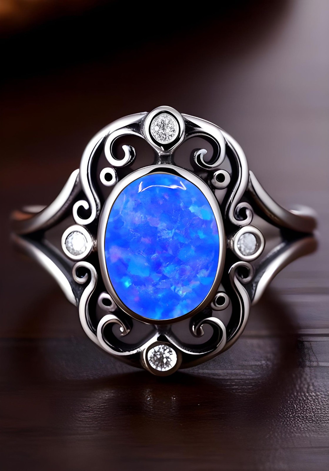 Blue Fire Opal Ring 925 Sterling Silver Black Ring Bridal Gift Ring Wedding Ring