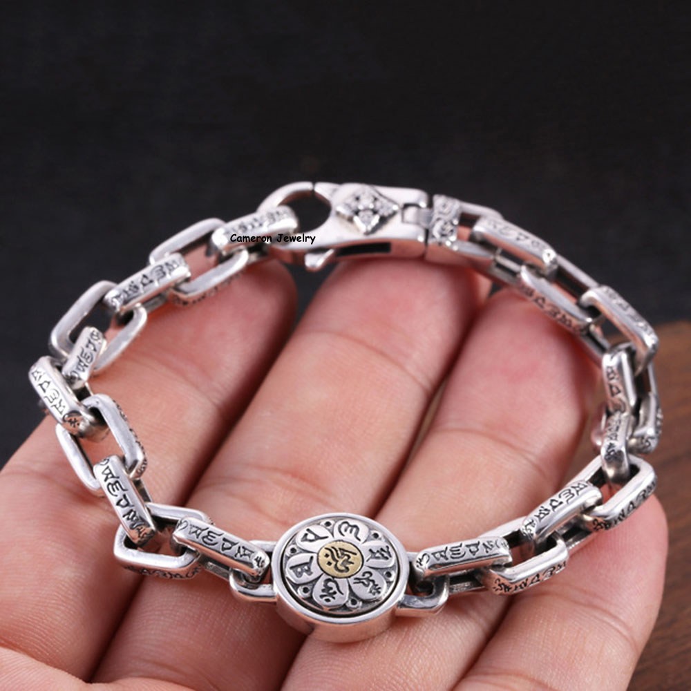 Pure S925 Sterling Silver Chain 8mm Six Words Square O Link Bracelet 7.1-8.7inch