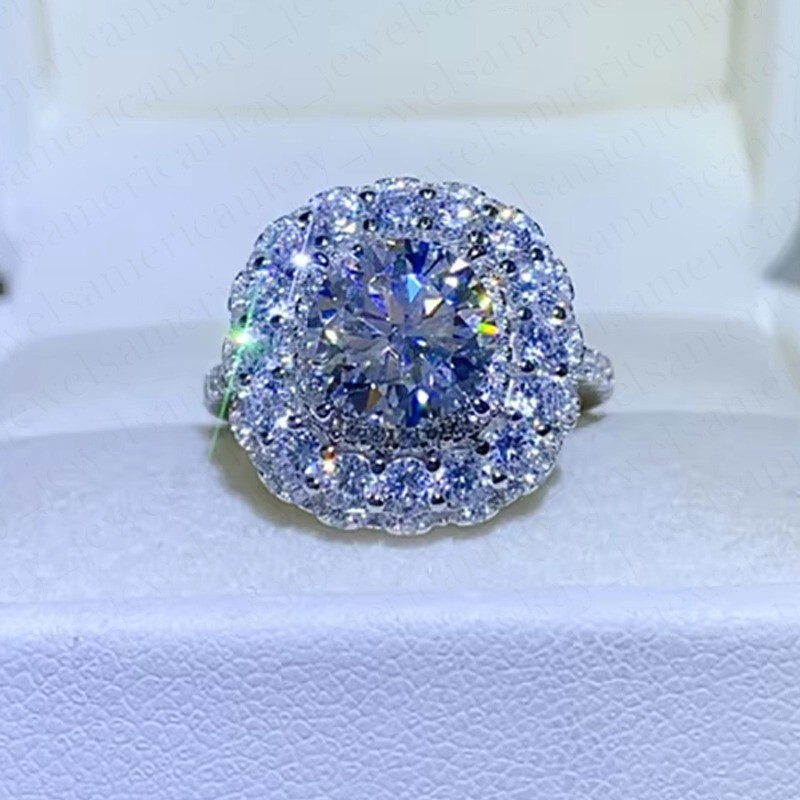 2.30Ctw Round Moissanite Double Halo Engagement Ring 14K White Gold Plated