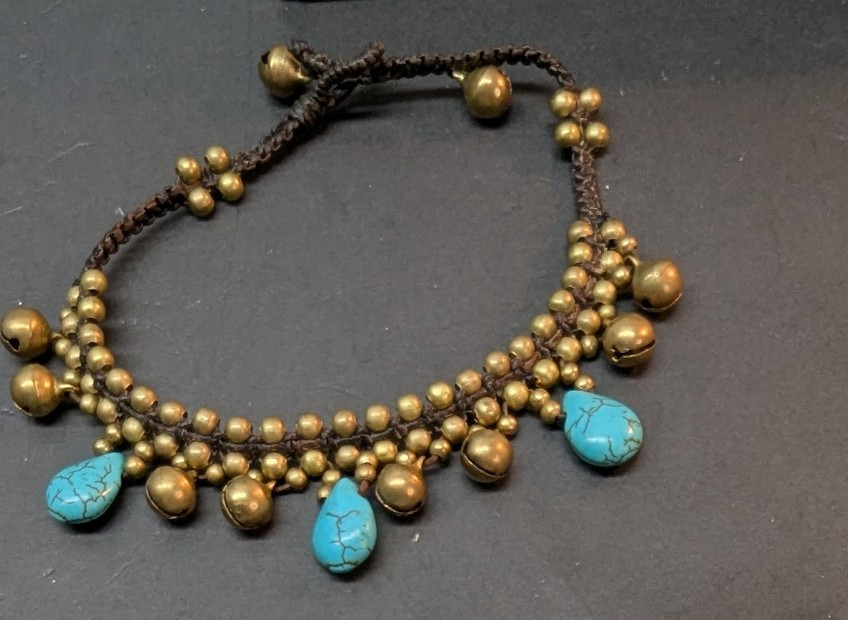 Bohemian Jingling Turquoise Drop Brass Bell Bracelet Anklet Leather Cord 9 Inch