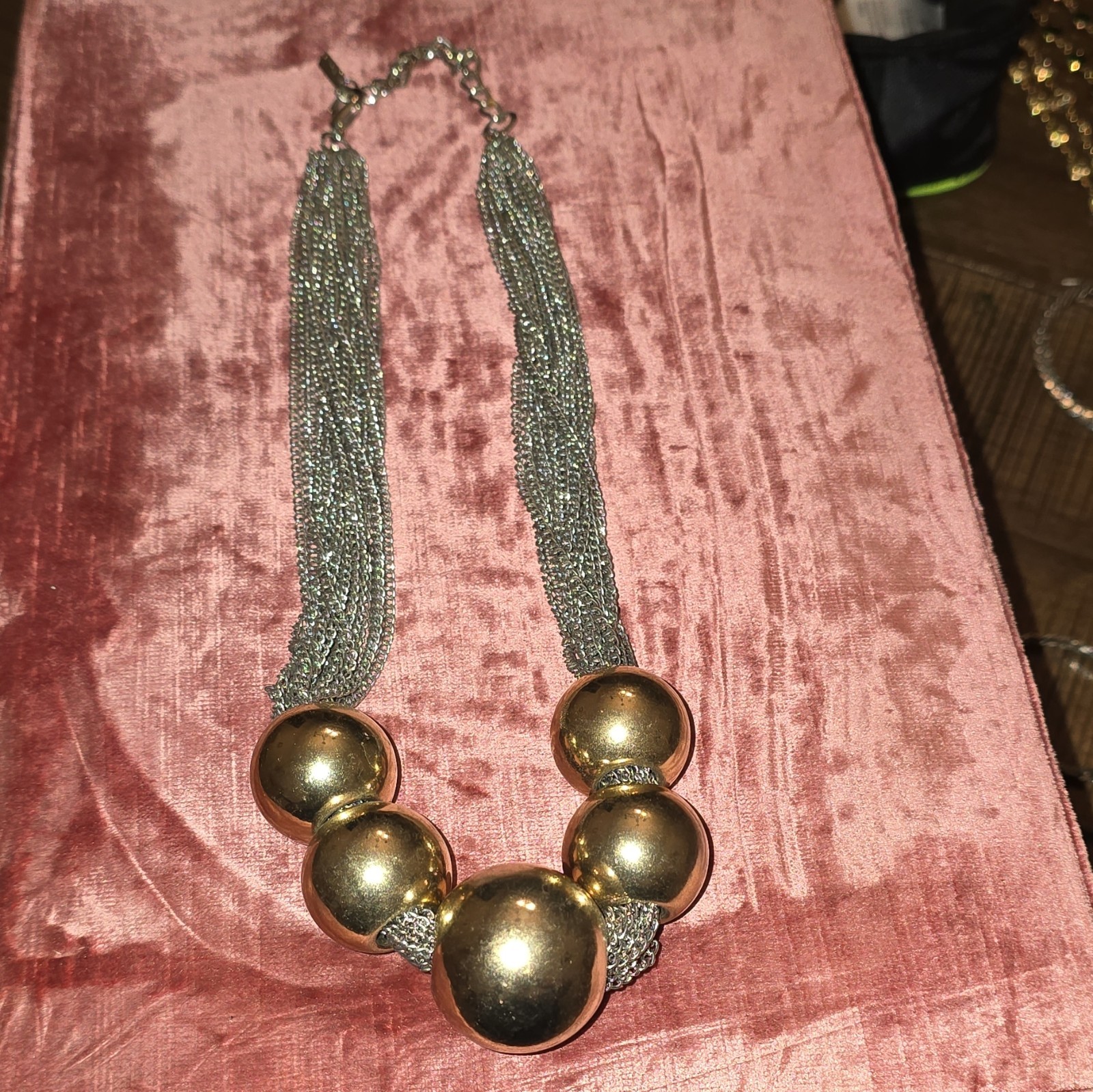 Multi-Strand Silver Tone & Gold Tone Ball Bead Statement Necklace Lobster Adj