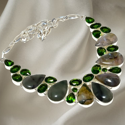 Natural Moss Agate Silver Finish Birthday Mother Boho Chain Channel Set Necklace