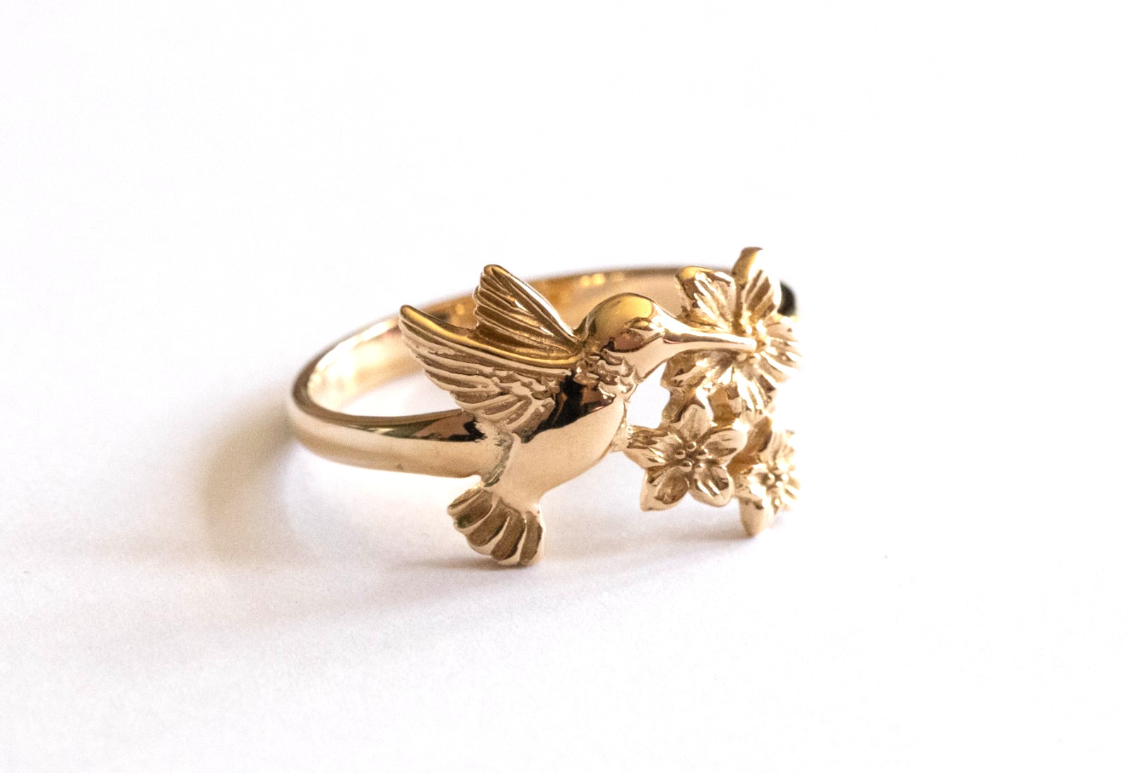Bronze Hummingbird and Flower Ring