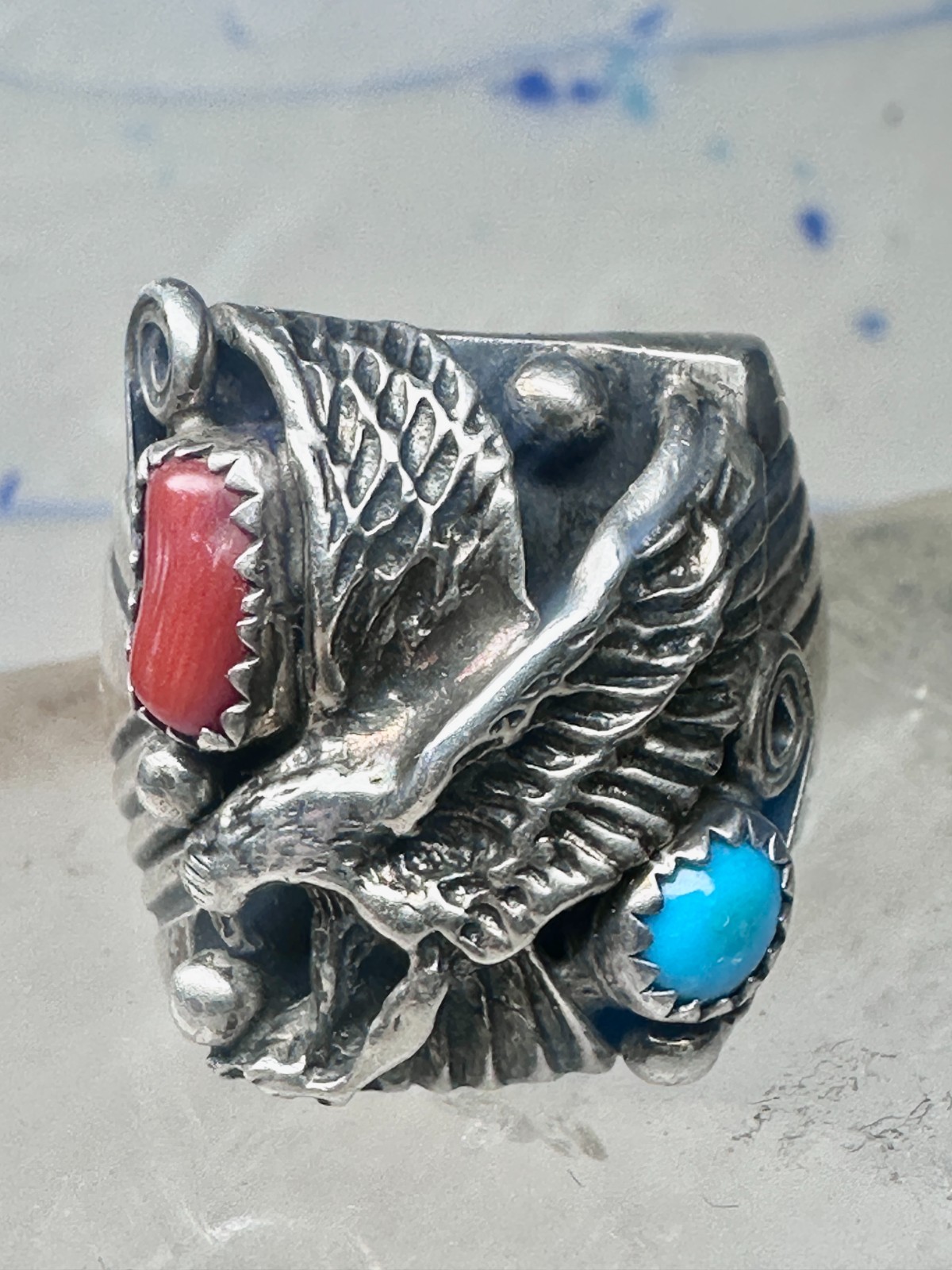 Eagle ring turquoise coral southwest band band Size 11.7 sterling silver