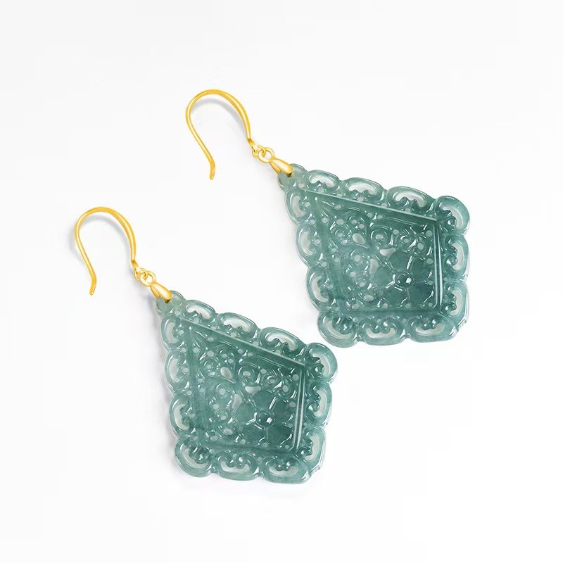 Pure S925 Sterling Silver Blue Jade Jadeite Auspicious Square Dangle Earrings