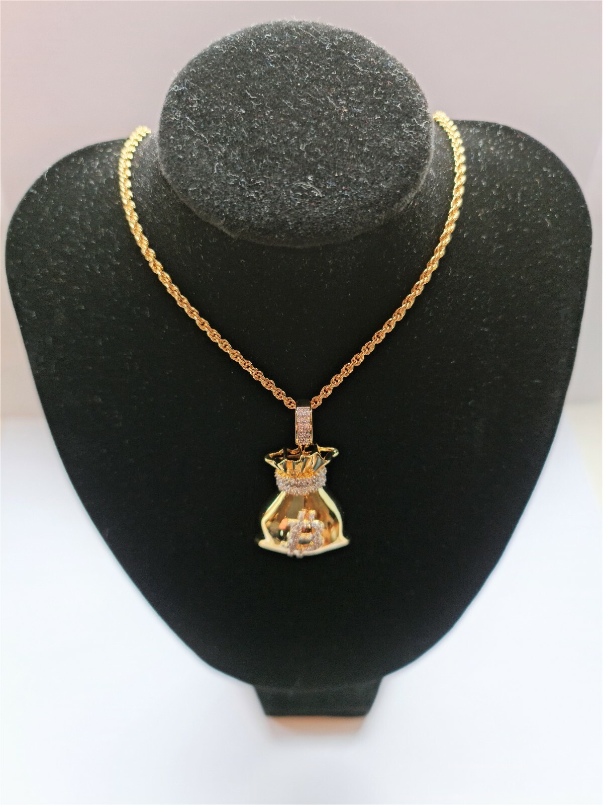 Bitcoin Cryptocurrency Pendant Necklace Gold Plated – Bitcoin B Sack with Zircon