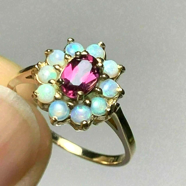 Halo Anniversary Ring 14k Yellow Gold Finish Oval Cut Simulated Pink Rhodolite