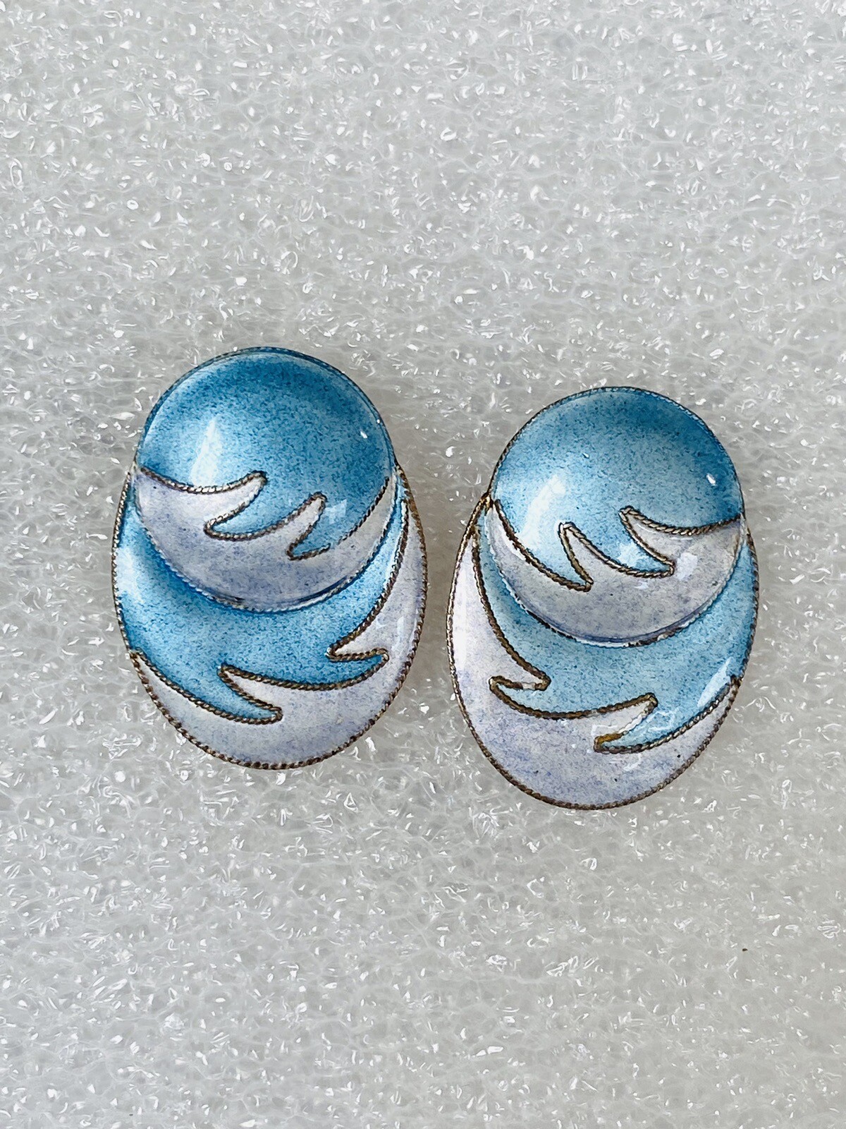 Vintage Chinese Export Gilt Sterling Silver Enamel Blue Waves Oval Earrings