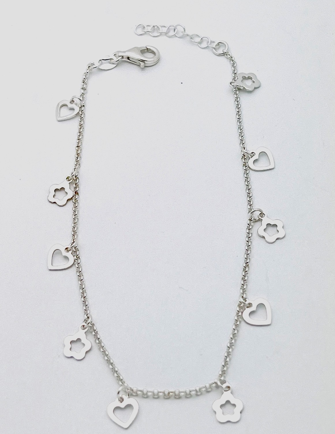 925 Sterling Silver 3.5 Gram Open Heart Flower Anklet Ankle Bracelet 9”-10”
