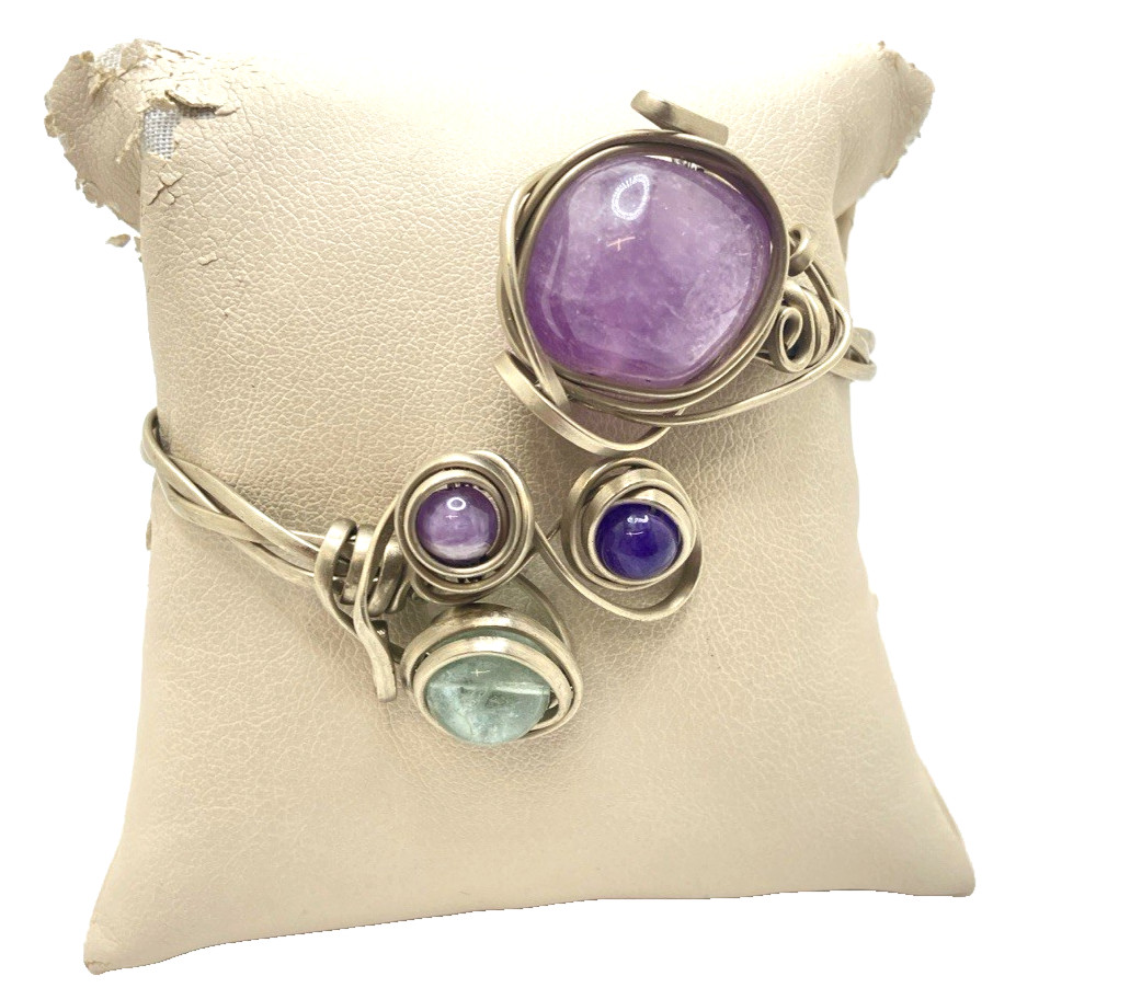Silver-Toned Amethyst/Multi-Stone Bohemian Artsy Wrap Bracelet