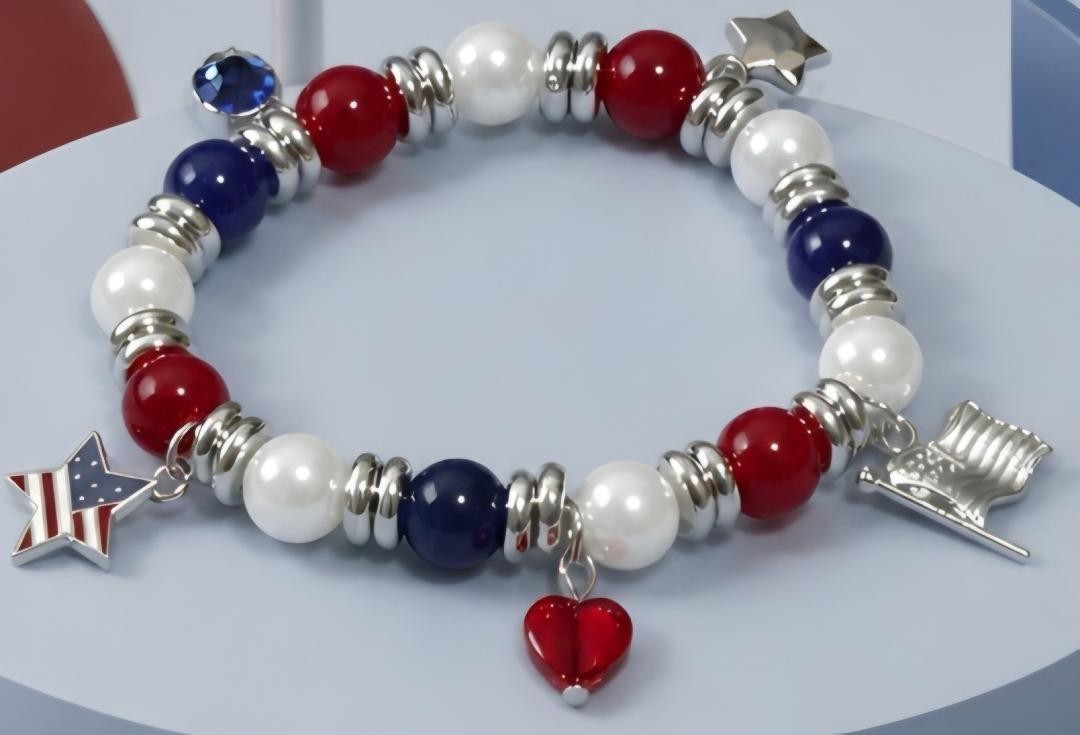 PATRIOTIC STRETCH BRACELET CHARMS RED WHITE BLUE OPAQUE BEADS FREE USA SHIPPING