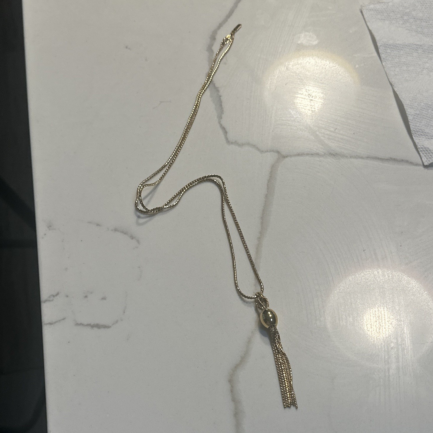 Monet Gold Tone Metal Box Chain Necklace, Tassel Pendant, No Stone, Lobster
