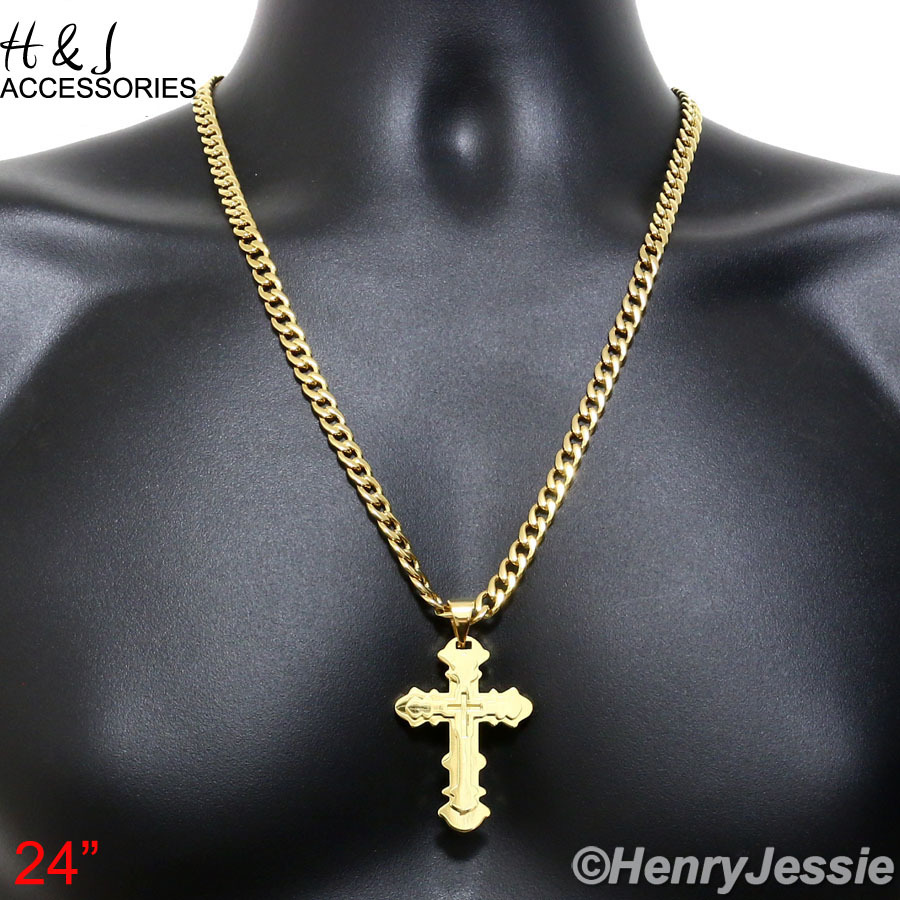 18-40″Stainless Steel 6mm Gold Plated Cuban Curb Chain Overlay Cross Pendant*P76
