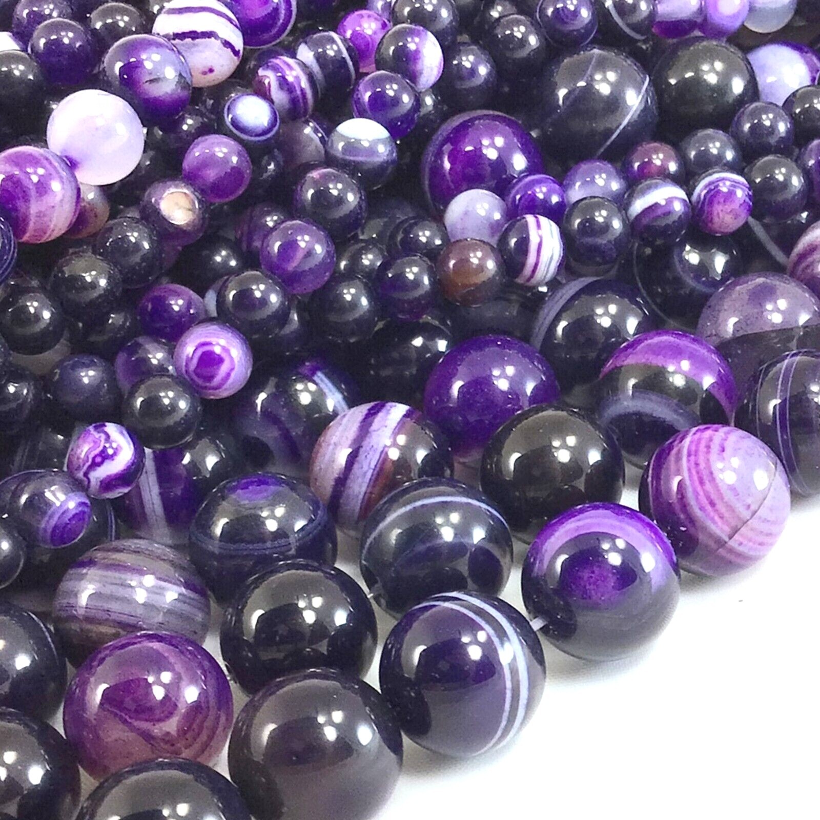 Gemstone Natural Purple Stripe Agate Smooth Round Loose Beads 15″ Jewelry Making