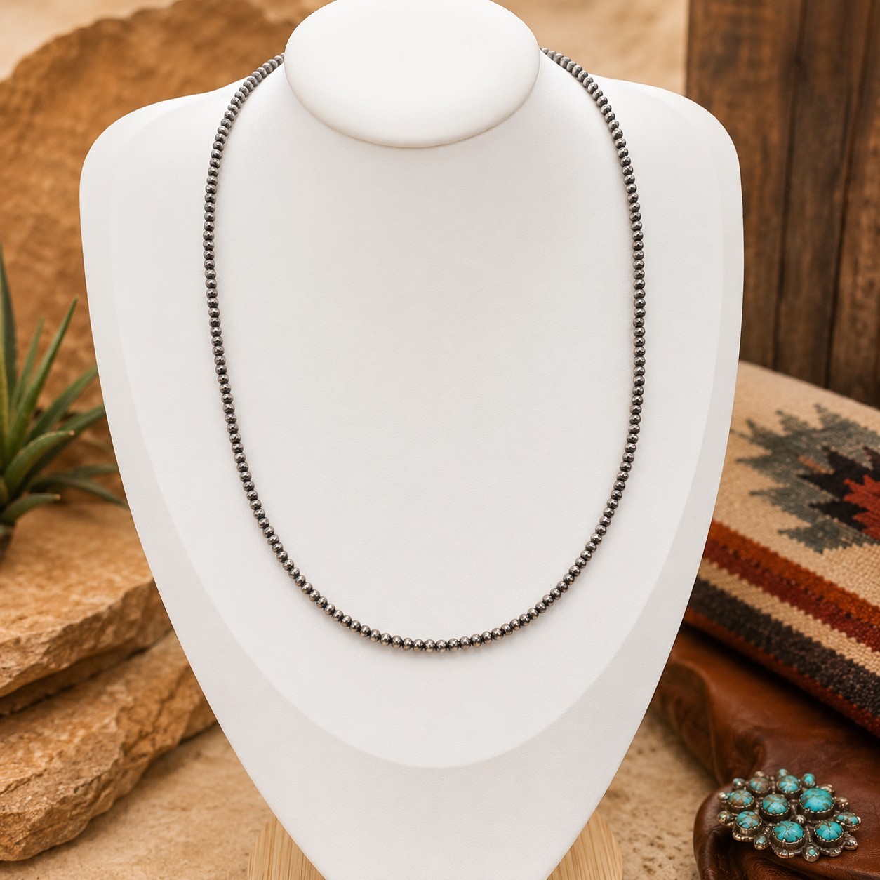Navajo Style Pearl Beaded Necklace 3mm Silver Plated 18” Adjustable NWT