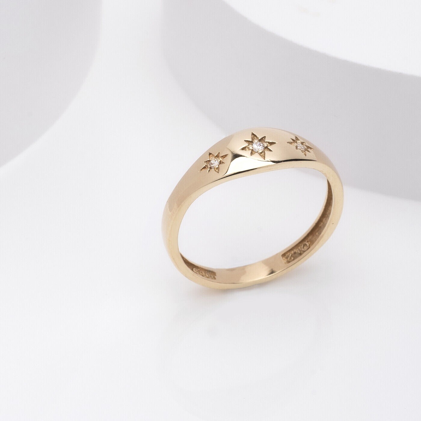 9k Solid Gold Starburst Signet Ring: Cubic Zirconia Polaris Ring
