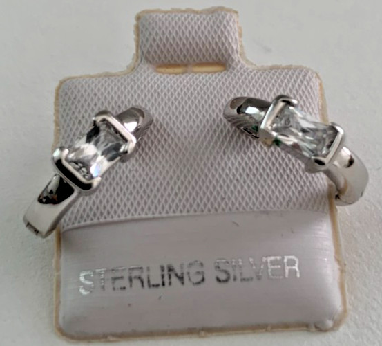 Clear Baguette Cut Cubic Zirconia Huggie Hoop Earrings in Solid Sterling Silver